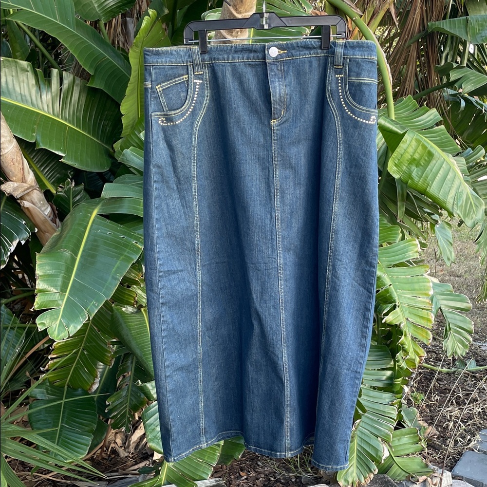 embellished, dark wash, jean maxi skirt